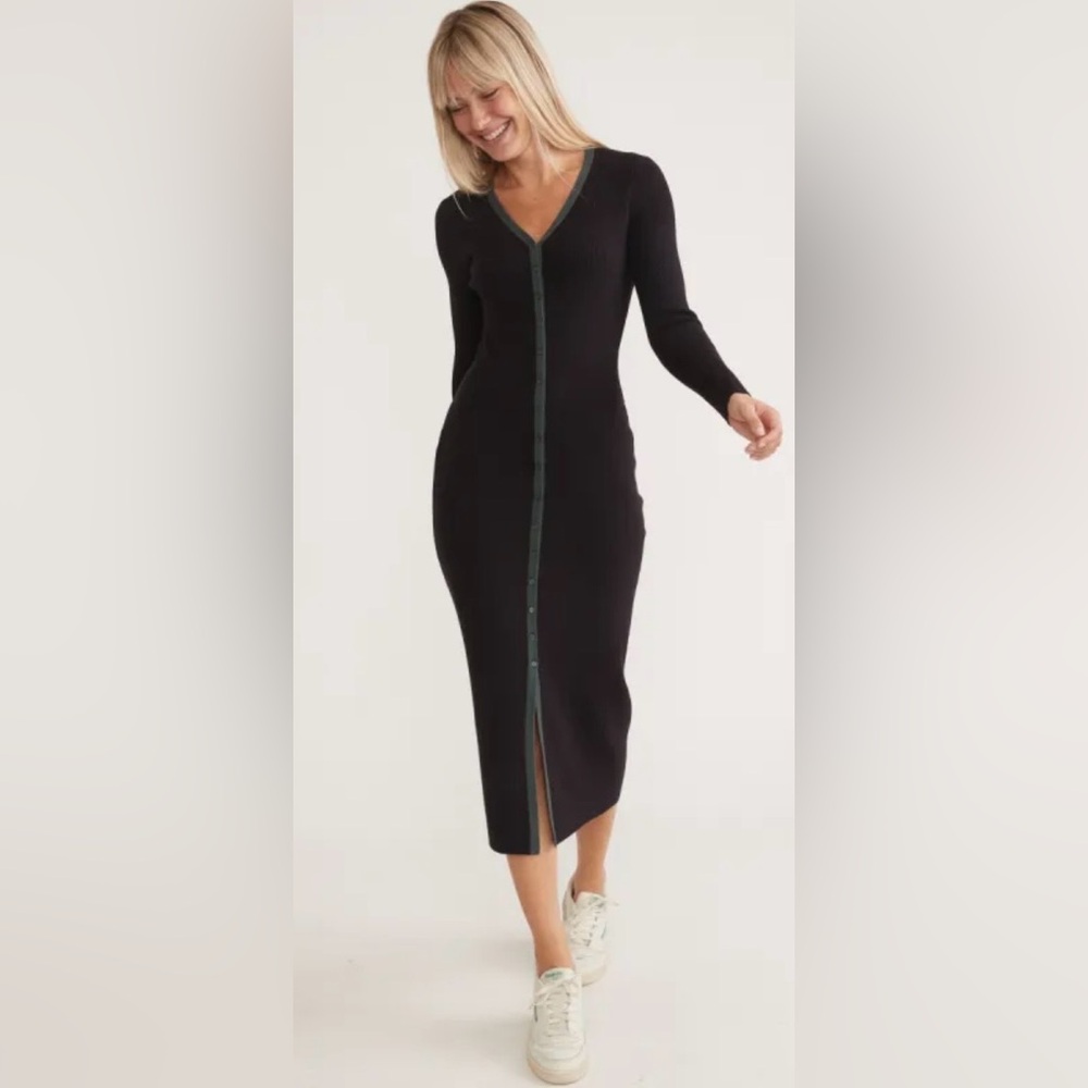 Marine Layer Lexi Rib Sweater Dress NWT Medium Black Midi Button Front